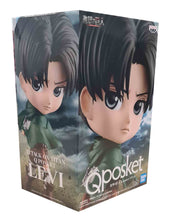 Load image into Gallery viewer, Super cute Q POSKET (Type A) figure/statue of Levi Ackerman. This figure is adapted from the popular anime series - "Attack on Titan" - launched by Banpresto. The figure is sculpted meticulously, showing Levi posing in his Scout uniform and cape. The PVC statue stands at 14cm tall, comes with a display base, and is packaged in an official premium gift box from Bandai.