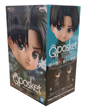 Load image into Gallery viewer, Super cute Q POSKET (Type A) figure/statue of Levi Ackerman. This figure is adapted from the popular anime series - "Attack on Titan" - launched by Banpresto. The figure is sculpted meticulously, showing Levi posing in his Scout uniform and cape. The PVC statue stands at 14cm tall, comes with a display base, and is packaged in an official premium gift box from Bandai.