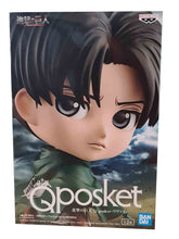 Load image into Gallery viewer, Super cute Q POSKET (Type A) figure/statue of Levi Ackerman. This figure is adapted from the popular anime series - "Attack on Titan" - launched by Banpresto. The figure is sculpted meticulously, showing Levi posing in his Scout uniform and cape. The PVC statue stands at 14cm tall, comes with a display base, and is packaged in an official premium gift box from Bandai.