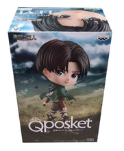Load image into Gallery viewer, Super cute Q POSKET (Type A) figure/statue of Levi Ackerman. This figure is adapted from the popular anime series - "Attack on Titan" - launched by Banpresto. The figure is sculpted meticulously, showing Levi posing in his Scout uniform and cape. The PVC statue stands at 14cm tall, comes with a display base, and is packaged in an official premium gift box from Bandai.