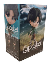 Load image into Gallery viewer, Super cute Q POSKET (Type A) figure/statue of Levi Ackerman. This figure is adapted from the popular anime series - "Attack on Titan" - launched by Banpresto. The figure is sculpted meticulously, showing Levi posing in his Scout uniform and cape. The PVC statue stands at 14cm tall, comes with a display base, and is packaged in an official premium gift box from Bandai.