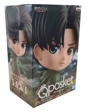 Load image into Gallery viewer, Super cute Q POSKET (Type A) figure/statue of Levi Ackerman. This figure is adapted from the popular anime series - "Attack on Titan" - launched by Banpresto. The figure is sculpted meticulously, showing Levi posing in his Scout uniform and cape. The PVC statue stands at 14cm tall, comes with a display base, and is packaged in an official premium gift box from Bandai.