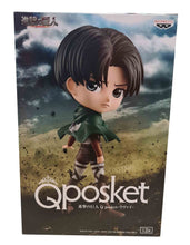 Load image into Gallery viewer, Super cute Q POSKET (Type A) figure/statue of Levi Ackerman. This figure is adapted from the popular anime series - "Attack on Titan" - launched by Banpresto. The figure is sculpted meticulously, showing Levi posing in his Scout uniform and cape. The PVC statue stands at 14cm tall, comes with a display base, and is packaged in an official premium gift box from Bandai.