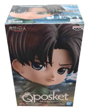 Load image into Gallery viewer, Super cute Q POSKET (Type A) figure/statue of Levi Ackerman. This figure is adapted from the popular anime series - "Attack on Titan" - launched by Banpresto. The figure is sculpted meticulously, showing Levi posing in his Scout uniform and cape. The PVC statue stands at 14cm tall, comes with a display base, and is packaged in an official premium gift box from Bandai.