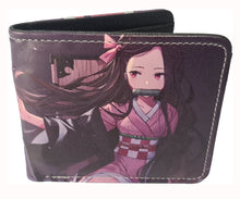 Load image into Gallery viewer, Free UK Royal Mail Tracked 24hr delivery. This premium PVC leather wallet is designed with a smooth finish. High-quality DTG design with striking colours. Two-part art piece showing two sets of anime art on each side of the wallet. Bi-fold closure, with Five card sections, One zip section, a photo ID section, and the main section. Excellent gift for any Demon Slayer fan.