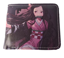 Load image into Gallery viewer, Free UK Royal Mail Tracked 24hr delivery.  This premium PVC leather wallet is designed with a smooth finish. High-quality DTG design with striking colours. Two-part art piece showing two sets of anime art on each side of the wallet.  Bi-fold closure, with Five card sections, One zip section, a photo ID section, and the main section.  Excellent gift for any Demon Slayer fan.
