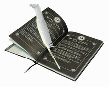 Load image into Gallery viewer, This Death Note notebook is created in detail to resemble the exact notebook from the classic anime Death Note. A Beautiful white quill pen is included and the set is packaged in gift box and also includes a Death Note book marker. PVC black leather cover, with all the rules included adapted directly from the Anime. Excellent notepad for writing journals, diary, scripts, and sketches. Amazing gift for any Death Note fans.