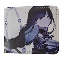 Load image into Gallery viewer, Free UK Royal Mail Tracked 24hr delivery.  This premium PVC leather wallet is designed with a smooth finish. High-quality DTG design with striking colours. Two-part art piece showing two sets of anime art on each side of the wallet.  Bi-fold closure, with Five card sections, One zip section, a photo ID section, and the main section.  Excellent gift for any Genshin Impact fan.
