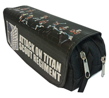 Load image into Gallery viewer, Amazing Attack On Titan pencil case for anime fans.  Double zipper design, with two compartments.  The front overlay cover is made of high quality PVC leather and we have used DTG printing tech to insert the art directly into the material, which made the design really stand out.  The rest of the pencil case is made of high-quality canvas fabric, safe material, wear-resistant, and prevents scratches or abrasion washable and durable.
