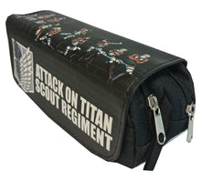 Load image into Gallery viewer, Amazing Attack On Titan pencil case for anime fans. Double zipper design, with two compartments. The front overlay cover is made of high quality PVC leather and we have used DTG printing tech to insert the art directly into the material, which made the design really stand out. The rest of the pencil case is made of high-quality canvas fabric, safe material, wear-resistant, and prevents scratches or abrasion washable and durable.