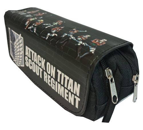 Amazing Attack On Titan pencil case for anime fans.  Double zipper design, with two compartments.  The front overlay cover is made of high quality PVC leather and we have used DTG printing tech to insert the art directly into the material, which made the design really stand out.  The rest of the pencil case is made of high-quality canvas fabric, safe material, wear-resistant, and prevents scratches or abrasion washable and durable.