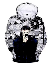 Load image into Gallery viewer, Free UK Royal Mail Tracked 24hrs delivery

Stunning design of Jujutsu Kaisen - Satoru Gojo hoodie. 

Premium DTG technology prints the design directly onto the hoodie which makes the design really stand out, easy to wash, and the colours will not fade or crack.

The silken style of this polyester hoodie makes it lightweight and comfortable to wear. A large front pocket and an adjustable hood with drawstrings.

Excellent gift for any Jujutsu Kaisen fan.

Material: Polyester 
