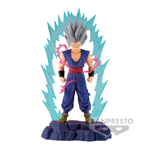 Stunning statue of Gohan (Beast mode) from the legendary anime Dragon Ball Z Super. This amazing figure is launched by Banpresto as part of their latest Super Hero History Box collection.  The creator finished this piece in excellent fashion, showing Gohan posing in his beast mode (aka Final Gohan). The purple rock design stand and the lightning blue energy field around the figure can really pull the audience back into the anime. - Truly stunning !