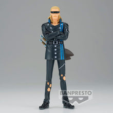 Load image into Gallery viewer, FROM SPOILED SON TO MARINE SWORDSMAN
Bring one of One Piece's most transformed characters to your collection with this officially licensed Helmeppo DXF The Grandline Series Figure from ONE PIECE FILM RED, produced by Banpresto.

Helmeppo is captured in his distinctive Film Red appearance, standing confidently with his arms crossed and dressed from head to toe in black. His long blond hair, sunglasses and striking blue detailing give the figure an instantly recognisable look.

Look closely and you'll also sp
