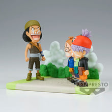 Load image into Gallery viewer, THE DAY THE USOPP PIRATES SAID GOODBYE
Relive one of Usopp's memorable early moments with this officially licensed One Piece WCF Log Stories Usopp Pirates Figure from Banpresto.

Inspired by the Syrup Village storyline, this miniature diorama recreates Usopp's emotional farewell to his original crew — Ninjin (Carrot), Piiman (Pepper) and Tamanegi (Onion) — before he leaves his village and begins his adventure with Luffy and the Straw Hat Pirates.

Rather than featuring just one character, this Log Stories r
