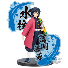 Load image into Gallery viewer, Free UK Royal Mail Tracked 24hr delivery   Stunning statue of Giyu Tomioka from the popular anime series Demon Slayer. This fabulous figure is launched by Bapresto as part of their latest Kimetsu no Yaiba EX collection.   This figure is created beautifully, showing Giyu poising in his Hashira uniform, with his Nichirin sword attached at the side, and his water breathing symbol around the stand. 
