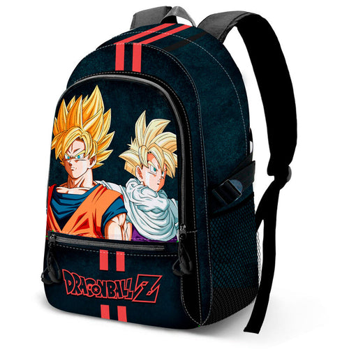 Official Dragon Ball Z Unity adaptable bag/backpack. This amazing bag/backpack is launched by Karactermania as part of their latest collection. 

Cool design of Super Saiyan Son Goku and Son Gohan  - Dragon Ball Z themed bag / backpack. This backpack has one large front pocket, with an additional front zip pocket. One main compartment with a laptop section. Adjusted padded shoulder straps and two side mesh pockets. 