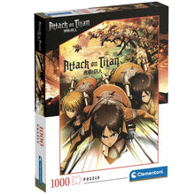 Load image into Gallery viewer, Free UK Royal Mail Tracked 24hr Delivery  Official Attack On Titan puzzle set launched by Clementoni.   1000 pieces premium print jigsaw puzzle with striking images and in great detail.  Excellent gift for any Attack On Titan fan or anyone who loves a puzzle challenge.   Made in Italy.   The completed picture measured at 70 x 50cm.    Official brand: Clementoni. 
