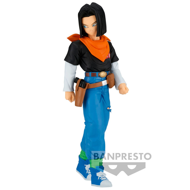 Striking statue of Android 17 from the legendary anime Dragon Ball Z. This figure is launched by Banpresto as part of their latest SOLID EDGE WORKS collection. 

The sculptor has completed this piece in excellent fashion, showing Android 17 posing with his gun strap on, and wearing his bandana scarf. 

This PVC statue stands at 17cm tall, and packaged in a gift/collectible box from Bandai. 