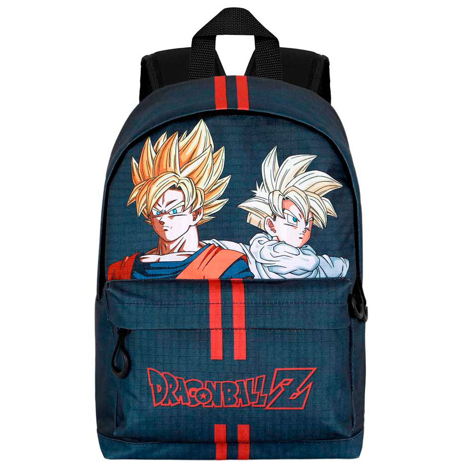 Official Dragon Ball Z Unity adaptable bag/backpack. This amazing bag/backpack is launched by Karactermania as part of their latest collection. 

Cool design of Super Saiyan Son Goku and Son Gohan  - Dragon Ball Z themed bag / backpack. This backpack has one large front pocket, one main compartment with a laptop section. Adjusted padded shoulder straps and two side mesh pockets. Made of high resistance material (Ripstop).

