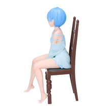 Load image into Gallery viewer, Free UK Royal Mail Tracked 24hr delivery 

Beautiful statue of Rem from the popular anime series &quot;Starting Life in Another World Re:Zero&quot;, this amazing figure is launched by Banpresto as part of their latest Relax Time Series.  

The statue shows Rem posing elegantly in her sky blue night gown sitting on her chair (chair included). The figure is created beautifully. - Truly stunning. 

This PVC figure stands at 20cm tall, and packaged in a premium gift/collectible box from Bandai. 
