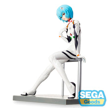 Load image into Gallery viewer, THE QUIET STRENGTH OF REI AYANAMI
Bring one of anime's most recognisable characters to your collection with this officially licensed Rei Ayanami LPM Figure by SEGA, inspired by Rebuild of Evangelion / Evangelion: New Theatrical Edition.

Rei is captured in a calm seated pose wearing her unmistakable white Evangelion plugsuit, complete with its black, red, green and orange detailing. Her short pale-blue hair and distinctive red eyes immediately recreate the appearance that has made the EVA Unit-00 pilot one 
