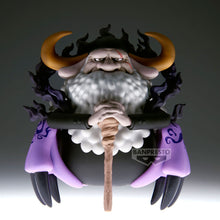 Load image into Gallery viewer, Bring one of the most imposing figures from the World Government to your collection with this officially licensed Saint Jaygarcia Saturn Mega WCF Figure from One Piece, produced by Banpresto.

Saint Jaygarcia Saturn is recreated in the distinctive stylised proportions of the Mega World Collectable Figure series, seated with his hands resting upon his cane and an unmistakably stern expression.

The sculpt captures some of Saturn's most recognisable features, including his enormous white beard, curved horns, 
