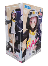 Load image into Gallery viewer, Beautiful statue of Rem from the popular anime series Re:Zero Starting Life in Another World. This figure is launched by SEGA as part of their latest Luminasta collection.  This figure is created beautifully, showing Rem posing beautifully in her super cute Penguin outfit, standing beside her pop up stand. The stand can also used as a pen holder.   This PVC statue stands at 20cm tall (pop up pen holder stand included), and packaged in a gift collectible box from SEGA.   Official brand: SEGA
