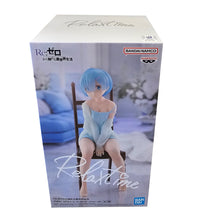 Load image into Gallery viewer, Free UK Royal Mail Tracked 24hr delivery 

Beautiful statue of Rem from the popular anime series &quot;Starting Life in Another World Re:Zero&quot;, this amazing figure is launched by Banpresto as part of their latest Relax Time Series.  

The statue shows Rem posing elegantly in her sky blue night gown sitting on her chair (chair included). The figure is created beautifully. - Truly stunning. 

This PVC figure stands at 20cm tall, and packaged in a premium gift/collectible box from Bandai. 

