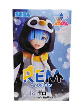 Load image into Gallery viewer, Beautiful statue of Rem from the popular anime series Re:Zero Starting Life in Another World. This figure is launched by SEGA as part of their latest Luminasta collection.  This figure is created beautifully, showing Rem posing in her super cute Penguin outfit, standing beside her pop up stand. The stand can also used as a pen holder.   This PVC statue stands at 20cm tall (pop up pen holder stand included), and packaged in a gift collectible box from SEGA.   Official brand: SEGA
