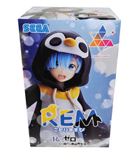 Load image into Gallery viewer, Beautiful statue of Rem from the popular anime series Re:Zero Starting Life in Another World. This figure is launched by SEGA as part of their latest Luminasta collection.  This figure is created beautifully, showing Rem posing in her super cute Penguin outfit, standing beside her pop up stand. The stand can also used as a pen holder.   This PVC statue stands at 20cm tall (pop up pen holder stand included), and packaged in a gift collectible box from SEGA.   Official brand: SEGA
