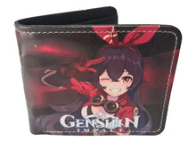 Load image into Gallery viewer, Free UK Royal Mail Tracked 24hr delivery.  This premium PVC leather wallet is designed with a smooth finish. High-quality DTG design with striking colours. Two-part art piece showing two sets of anime art on each side of the wallet.  Bi-fold closure, with Five card sections, One zip section, a photo ID section, and the main section.  Excellent gift for any Genshin Impact fan.
