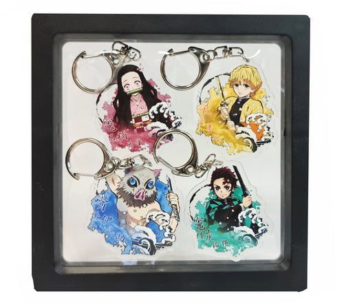 Free UK Royal Mail 24hr delivery   Cool set of Demon Slayer keychains.  Premium design DTG quality acrylic keyrings. The main acrylic panel stands at 6cm (approx), and 4mm (approx) thickness.  4 piece set, and packaged in a cute see-through pouch.  Keychain 1: Zenitsu Agatsuma Keychain 2: Nezuko Kamado Keychain 3: Tanjiro Kamado Keychain 4: Inosuke Hashibira