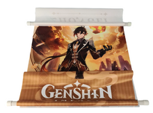 Load image into Gallery viewer, Free UK Royal Mail Tracked 24hr delivery.  Beautiful crafted Genshin Impact wall scroll showing Zhongli from the popular open-world action role-playing game. He is a polite consultant who is known to have bad spending habits but is very cool and reserved.  The scroll is made of premium Oxford fabric silk material. High-quality DTG print design.  Easy assemble (Open, reveal, pull the string, and up you go).  Excellent gift for any Genshin Impact fan.  Size: 39cm x 74cm
