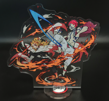 Load image into Gallery viewer, Free Royal Mail 24hr delivery  Striking Demon Slayer anime acrylic stand of the famous battle between Kyōjurō Rengoku and Akaza from the popular anime series Demon Slayer. Adapted from the Demon Slayer movie - &quot;Mugen Train&quot;.  High-quality DTG print design showing the pair in battle.  Height: 13cm x 15cm Thickness: 3mm  Excellent gift for any Demon Slayer fan.
