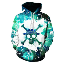 Load image into Gallery viewer, Free UK Royal Mail Tracked 24hr delivery  Striking design of One Piece Luffy&#39;s straw hat pirate logo Anime hoodie.  Premium DTG technology prints the design directly onto the hoodie which makes the design really stand out, easy to wash, and the colours will not fade or crack.  The silken style of this polyester hoodie makes it lightweight and comfortable to wear. A large front pocket and an adjustable hood with drawstrings.  Excellent gift for any One Piece fan.
