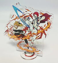 Load image into Gallery viewer, Free Royal Mail 24hr delivery  Striking Demon Slayer anime acrylic stand of the famous battle between Kyōjurō Rengoku and Akaza from the popular anime series Demon Slayer. Adapted from the Demon Slayer movie - &quot;Mugen Train&quot;.  High-quality DTG print design showing the pair in battle.  Height: 13cm x 15cm Thickness: 3mm  Excellent gift for any Demon Slayer fan.
