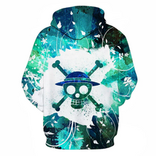 Load image into Gallery viewer, Free UK Royal Mail Tracked 24hr delivery  Striking design of One Piece Luffy&#39;s straw hat pirate logo Anime hoodie.  Premium DTG technology prints the design directly onto the hoodie which makes the design really stand out, easy to wash, and the colours will not fade or crack.  The silken style of this polyester hoodie makes it lightweight and comfortable to wear. A large front pocket and an adjustable hood with drawstrings.  Excellent gift for any One Piece fan.
