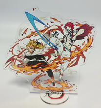 Load image into Gallery viewer, Free Royal Mail 24hr delivery  Striking Demon Slayer anime acrylic stand of the famous battle between Kyōjurō Rengoku and Akaza from the popular anime series Demon Slayer. Adapted from the Demon Slayer movie - &quot;Mugen Train&quot;.  High-quality DTG print design showing the pair in battle.  Height: 13cm x 15cm Thickness: 3mm  Excellent gift for any Demon Slayer fan.
