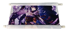 Load image into Gallery viewer, Free UK Royal Mail Tracked 24hr delivery.  Beautiful crafted Genshin Impact wall scroll showing Raiden Shogun from the popular open-world action role-playing game. She is the exalted ruler of Inazuma and the power of thunder incarnate.  The scroll is made of premium Oxford fabric silk material. High-quality DTG print design.  Easy assemble (Open, reveal, pull the string, and up you go).  Excellent gift for any Genshin Impact fan.  Size: 39cm x 74cm
