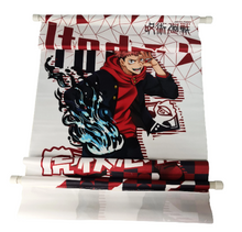 Load image into Gallery viewer, Free UK Royal Mail Tracked 24hr delivery.  Beautiful crafted Jujutsu Kaisen wall scroll showing the main protagonist of the anime series.  The scroll is made of premium Oxford fabric silk material. High-quality DTG print design.  Easy assemble (Open, reveal, pull the string, and up you go).  Excellent gift for any Jujutsu Kaisen fan.  Size: 39cm x 74cm
