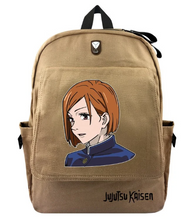 Load image into Gallery viewer, Free UK Royal Mail Tracked 24hr delivery.  Jujutsu Kaisen Nobara Kugisaki backpack.  Premium lightweight backpack with a capacity of 30cm x12cm x 39cm.  The large main compartment is excellent for books, tablets and lunch boxes etc. Additional front pocket and side pockets. Zips are covered for anti-theft. Adjustable pearl cotton shoulder-padded double straps. Waterproof premium oxford fabric. High-quality DTG print with striking colours.  This backpack is excellent for school/college.
