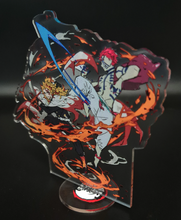 Load image into Gallery viewer, Free Royal Mail 24hr delivery  Striking Demon Slayer anime acrylic stand of the famous battle between Kyōjurō Rengoku and Akaza from the popular anime series Demon Slayer. Adapted from the Demon Slayer movie - &quot;Mugen Train&quot;.  High-quality DTG print design showing the pair in battle.  Height: 13cm x 15cm Thickness: 3mm  Excellent gift for any Demon Slayer fan.
