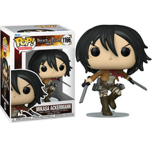 Load image into Gallery viewer, Stylish Pop vinyl figure from Funko POP Animation. This figure of Mikasa stands at 9cm tall. The high-detailed figure displays Mikasa posing with in her ODM gear, adapted from the popular anime ATTACK ON TITAN. The figure is packaged in a window display box by Funko.   Official Brand: Funko 
