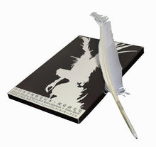 Load image into Gallery viewer, This Death Note notebook is created in detail to resemble the exact notebook from the classic anime Death Note. A Beautiful white quill pen is included and the set is packaged in gift box and also includes a Death Note book marker.   PVC black leather cover, with all the rules included adapted directly from the Anime.   Excellent notepad for writing journals, diary, scripts, and sketches.   Amazing gift for any Death Note fans. 
